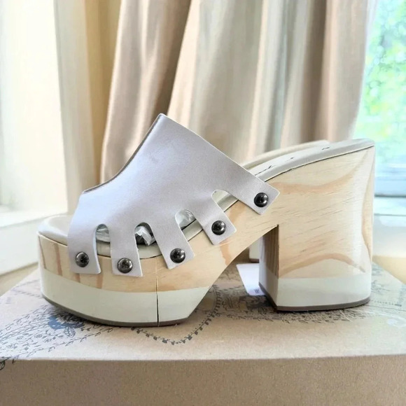 New Free People Cassis Clogs Shoe Wooden Leather Sandal Platform Heeled Stud - Picture 11 of 11